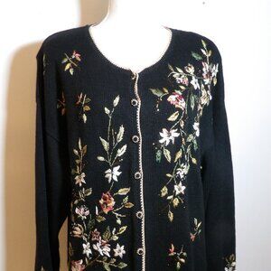 Vintage Tiara Cardigan Sweater Women's L Embroidered Flowers Covered Buttons